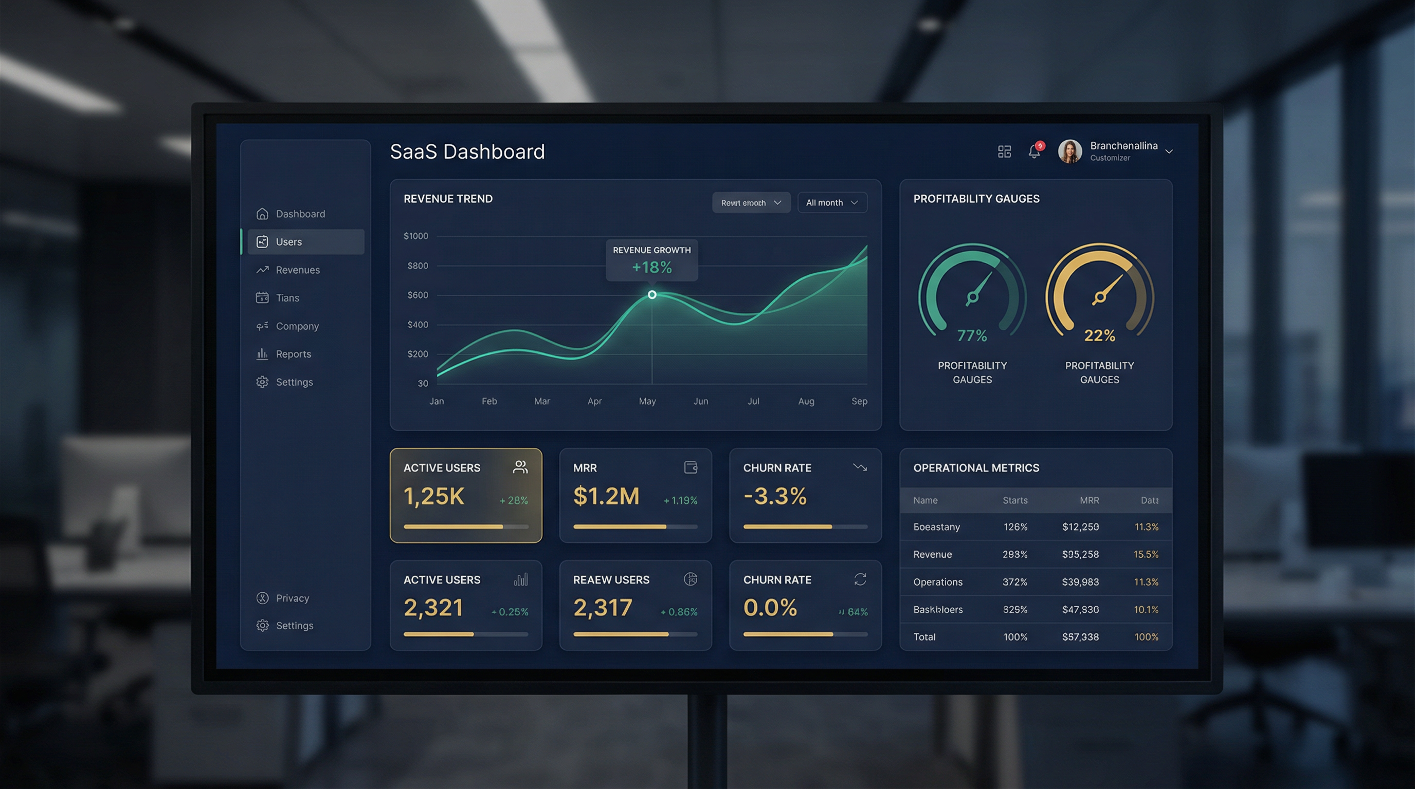 TopSquare Executive Dashboard showing revenue trends, KPIs, and operational metrics